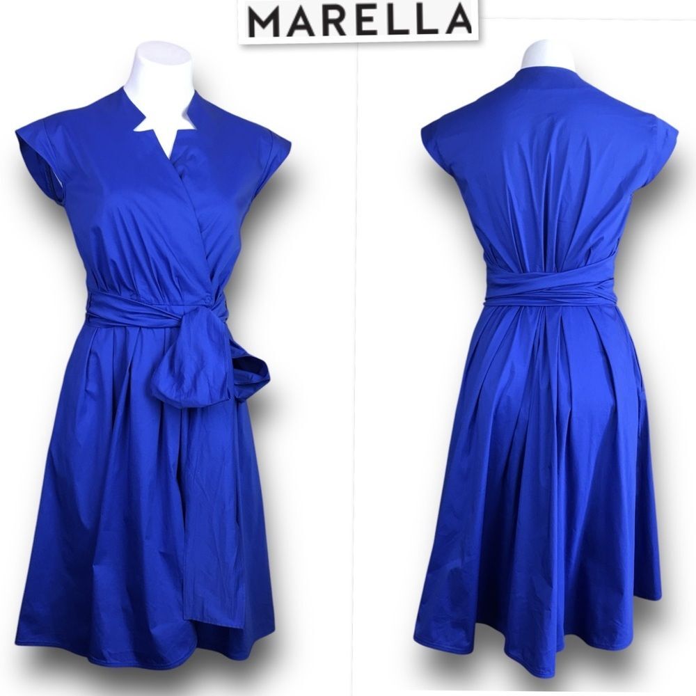 MARELLA Royal Blue Cotton Poplin Blend Notched Neck Wrap Midi Dress Size US 6 - Picture 3 of 14